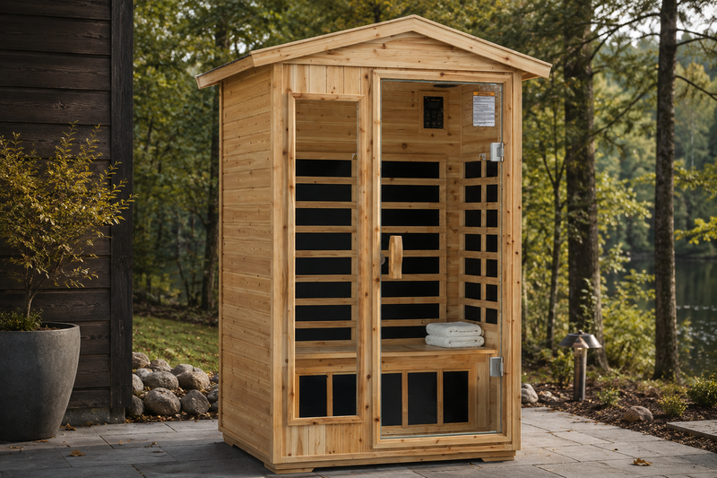 Two Person Far Infrared Old Fir Outdoor Sauna Room with Bluetooth and LED Lighting