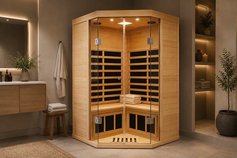 Deluxe Hemlock Far Infrared Corner Sauna Room with Glass Front for Two Persons