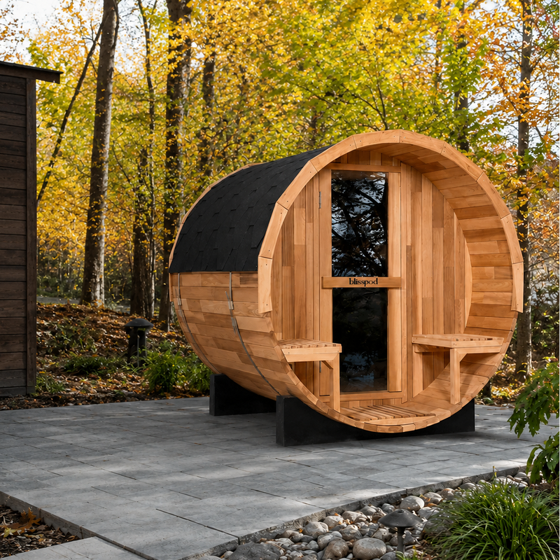 Blisspod, Canadian Red Cedar Outdoor Steam Barell Sauna, 2-4 / 4-6 persons with Full Glass Back & 2 front Porch seats